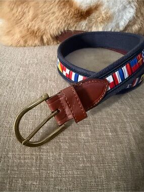 Southern Tide Navy Canvas Belt with Red, White, Blue & Yellow Stripe Detail